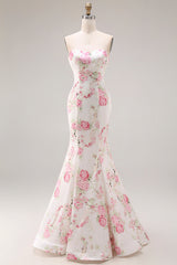 Floral White and Pink Mermaid Sweetheart Satin Long Prom Dress