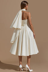 White Sweetheart A Line Midi Engagement Dress with Belt