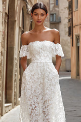 White Lace Off the Shoulder Midi Engagement Dress with Pockets