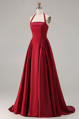 Sparkly Burgundy A-Line Satin Halter Long Prom Dress with Sequin