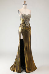 Sparkly Bronze Mermaid Long Metallic Prom Dress with Slit