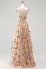 Sparkly Champagne Flowers Corset A-Line Long Prom Dress