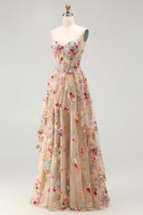 Sparkly Champagne Flowers Corset A-Line Long Prom Dress