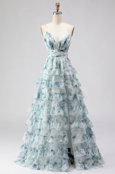 Blue Ruffled A-Line Tiered Long Prom Dress with Slit