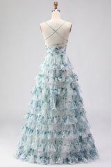 Blue Ruffled A-Line Tiered Long Prom Dress with Slit