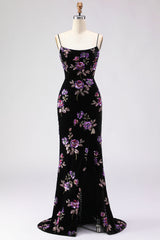 Floral Black Mermaid Spaghetti Straps Long Prom Dress with Slit