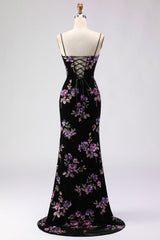 Floral Black Mermaid Spaghetti Straps Long Prom Dress with Slit