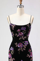 Floral Black Mermaid Spaghetti Straps Long Prom Dress with Slit