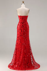 Sparkly Red Mermaid Sequin Strapless Long Prom Dress with Slit