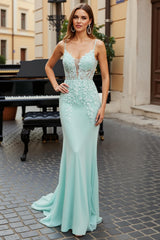 Mint Green Corset Mermaid Long Prom Dress with Appliques