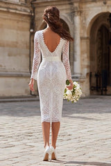 Ivory Bodycon Lace Midi Wedding Dress with Sleeves