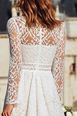Ivory Sheath High Neck Long Boho Wedding Dress with Sleeves