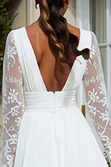 Ivory Pleated V-Neck Midi Engagement Dress with Lace