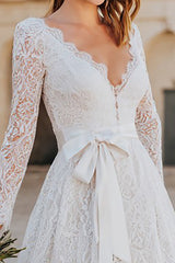 Ivory Lace A Line Midi Boho Wedding Dress with Sleeves