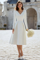 Sparkly Ivory A Line V-Neck Midi Engagement Dress with Sleeves