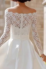 Ivory Off the Shoulder High Low Boho Wedding Dress with Lace