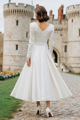 Ivory Boat Neck A Line Long Engagement Dress with Sleeves