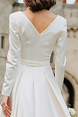 Ivory Boat Neck A Line Long Engagement Dress with Sleeves