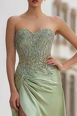 Sage Green Satin Appliqued Strapless Long Prom Dress with Slit