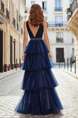 Sparkly Navy Tulle Beaded Ruffled Long Prom Dress