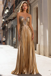 Sparkly Gold Metallic Pleated Strapless Long Prom Dress