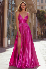 Sparkly Fuchsia Metallic Spaghetti Straps Pleated Long Prom Dress with Slit