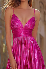 Sparkly Fuchsia Metallic Spaghetti Straps Pleated Long Prom Dress with Slit