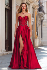 Sparkly Red Beaded Strapless Corset Long Prom Dress with Slit