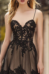 Black Lace Spaghetti Straps Corset Ruffled Long Prom Dress