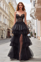 Black Tulle Tiered Corset Spaghetti Straps Long Prom Dress with Lace