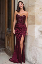 Sparkly Burgundy Satin Mermaid Strapless Long Prom Dress with Slit