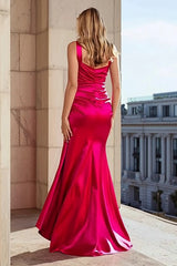 Fuchsia Satin One Shoulder Mermaid Long Prom Dress with Side Cape