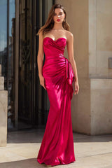 Fuchsia Strapless Mermaid Ruched Long Prom Dress with Side Cape