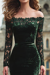 Dark Green Off the Shoulder Mermaid Long Sleeves Formal Dress with Lace