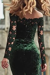 Dark Green Off the Shoulder Mermaid Long Sleeves Formal Dress with Lace