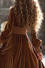 Brown Velvet A Line V-Neck Long Sleeves Formal Dress with Ruffles