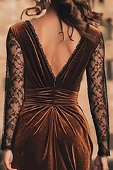 Brown Mermaid Velvet Midi Holiday Party Dress