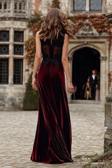 Burgundy Velvet Mermaid Round Neck Long Formal Dress with Lace