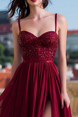 Sparkly Burgundy Sequin Spaghetti Straps Long Prom Dress