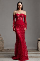 Red Lace Mermaid Strapless Long Corset Prom Dress with Sleeves