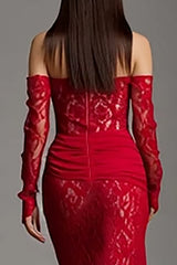 Red Lace Mermaid Strapless Long Corset Prom Dress with Sleeves