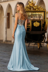 Sparkly Dusty Blue Satin Mermaid Long Corset Prom Dress with Slit