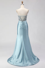 Sparkly Dusty Blue Satin Mermaid Long Corset Prom Dress with Slit