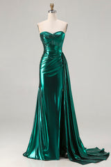 Sparkly Dark Green Mermaid Metallic Strapless Long Corset Prom Dress with Slit