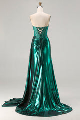 Sparkly Dark Green Mermaid Metallic Strapless Long Corset Prom Dress with Slit