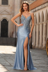 Sparkly Grey Blue Satin Mermaid Long Prom Dress with Appliques
