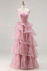 Dusty Rose A Line Tiered Long Corset Prom Dress with Ruffles