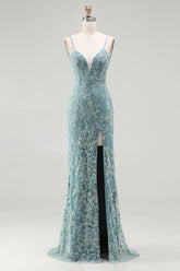 Sparkly Floral Grey Green Long Mermaid Beaded Prom Dress with Slit