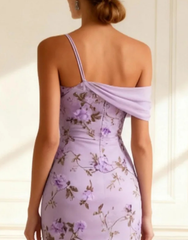 Floral Purple Mermaid Spaghetti Straps Long Prom Dress with Slit