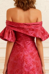 Rust Jacquard Sheath Off the Shoulder Long Prom Dress with Slit